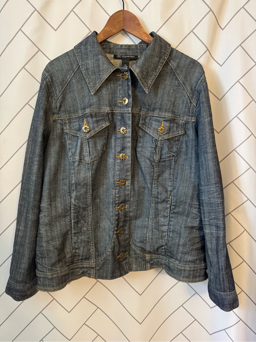 INC International Concepts Medium Blue Denim Jacket with Gold Buttons